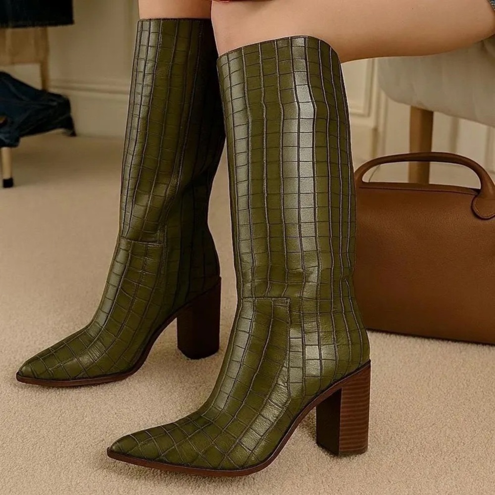 SCHUTZ Olive Croc-Embossed Heeled Boots